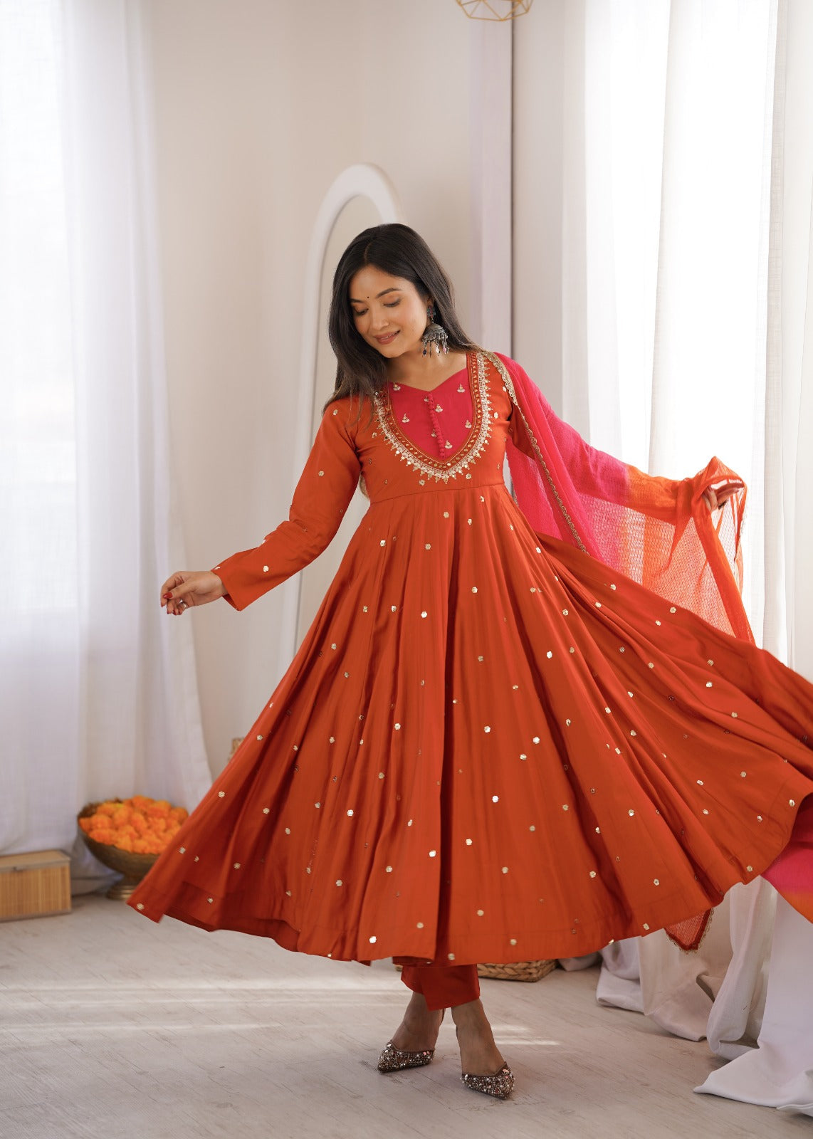 Rust Orange Embroidered Anarkali Pant Set With Dupatta