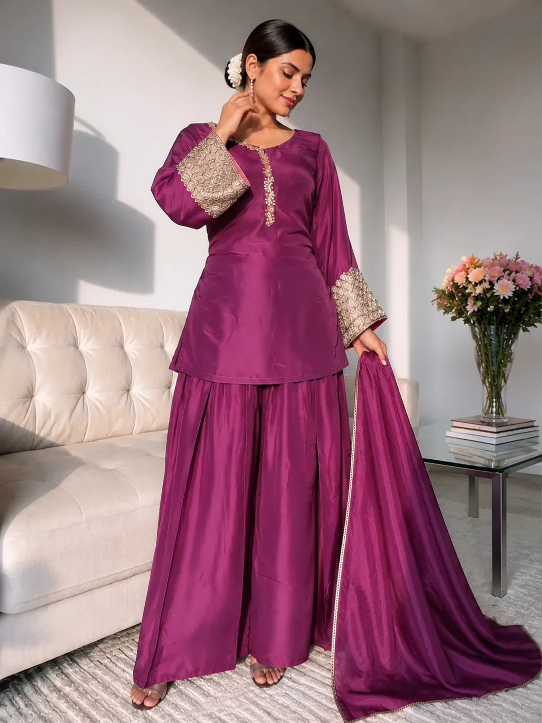 Wine Jacquard Work Embroidered Farshi Kurta Set