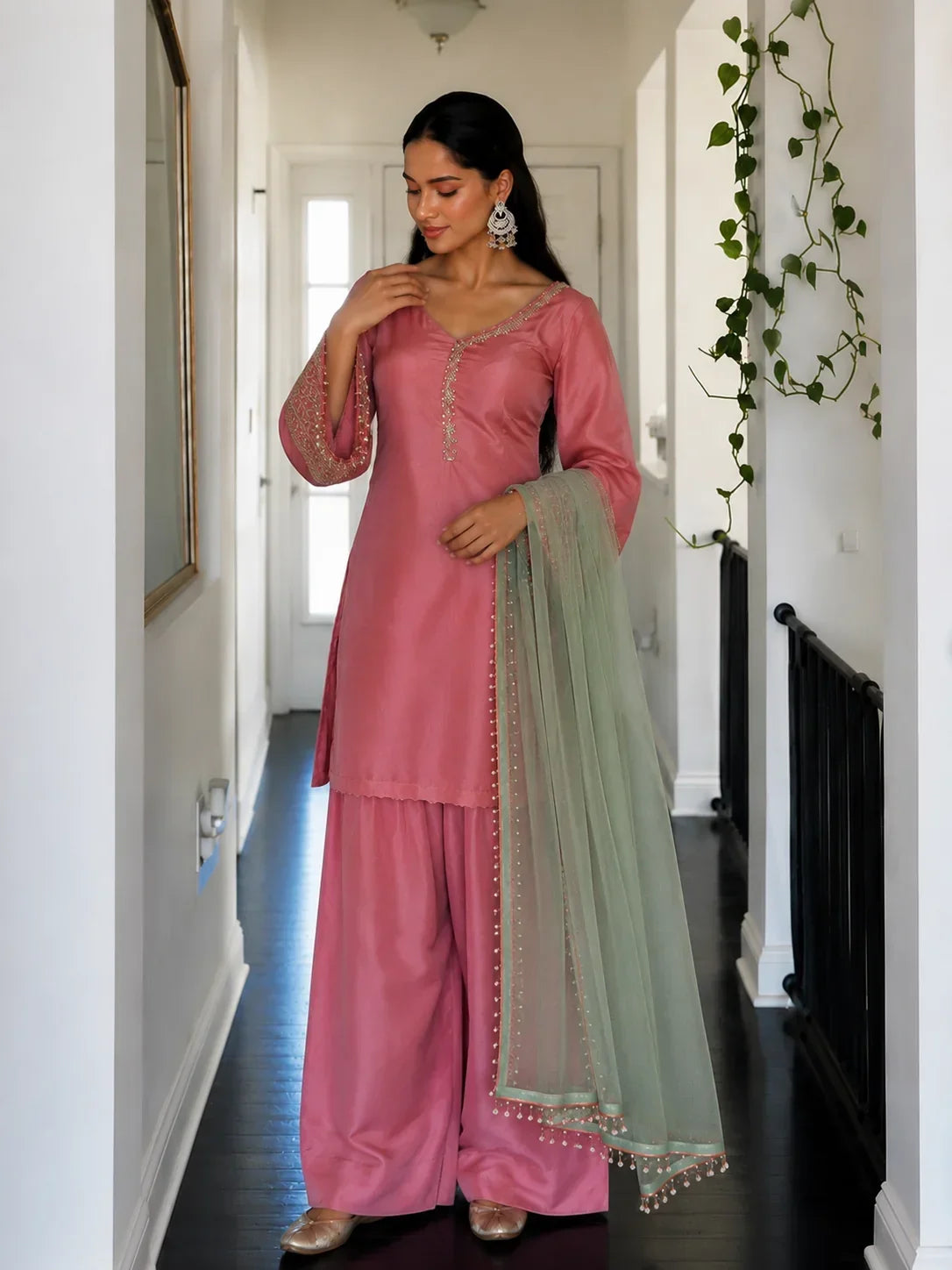 Pink Jacquard Work Embroidered Farshi Kurta Set