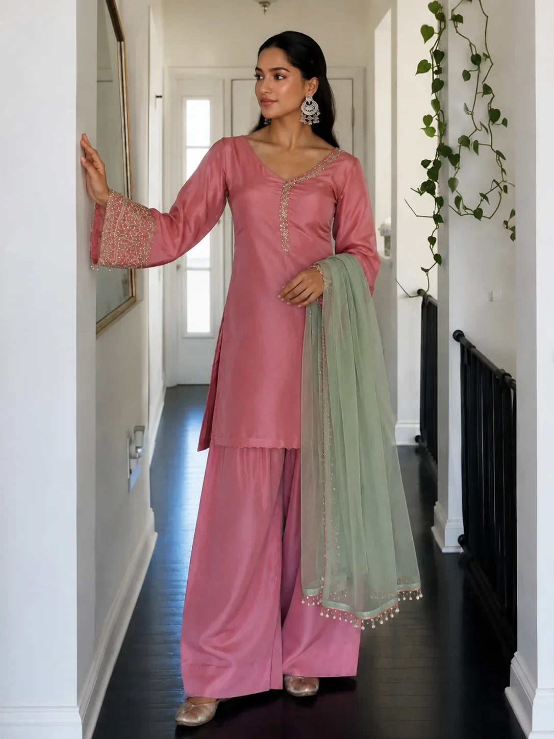Pink Jacquard Work Embroidered Farshi Kurta Set