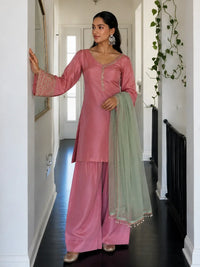 Pink Jacquard Work Embroidered Farshi Kurta Set