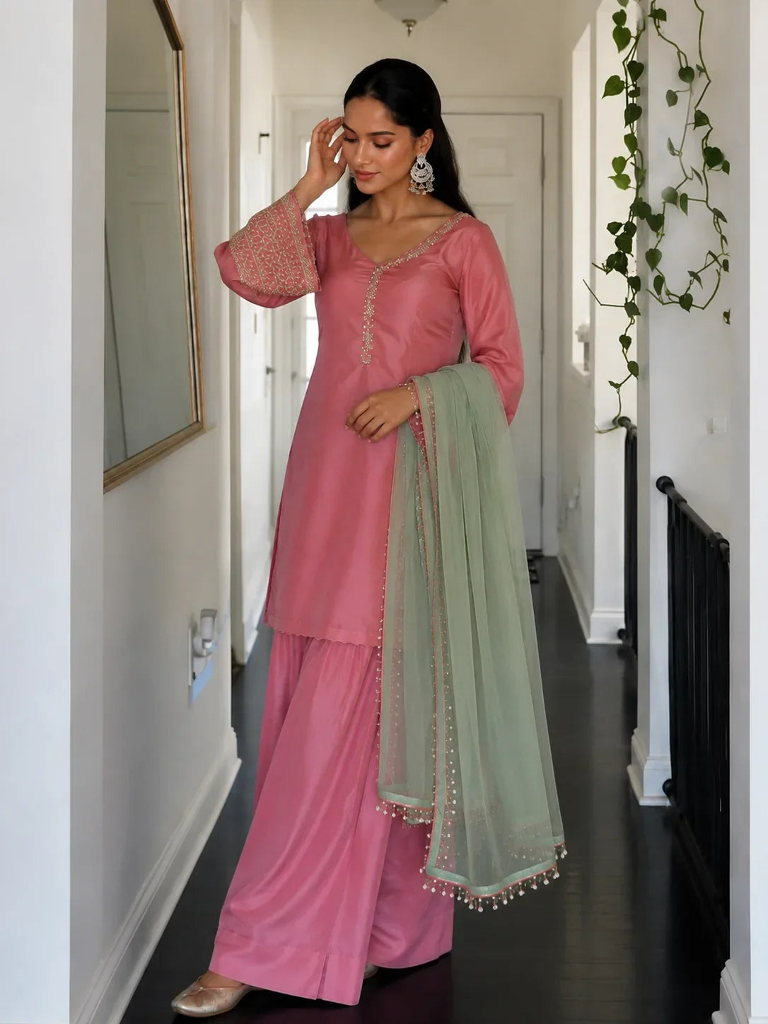 Pink Jacquard Work Embroidered Farshi Kurta Set