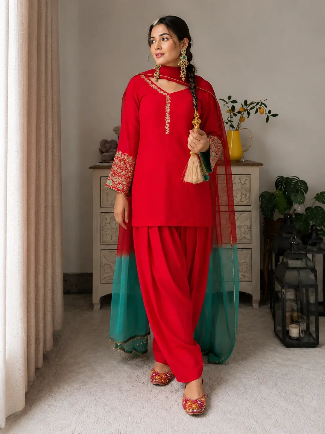 Red Jacquard Work Embroidered Farshi Kurta Set