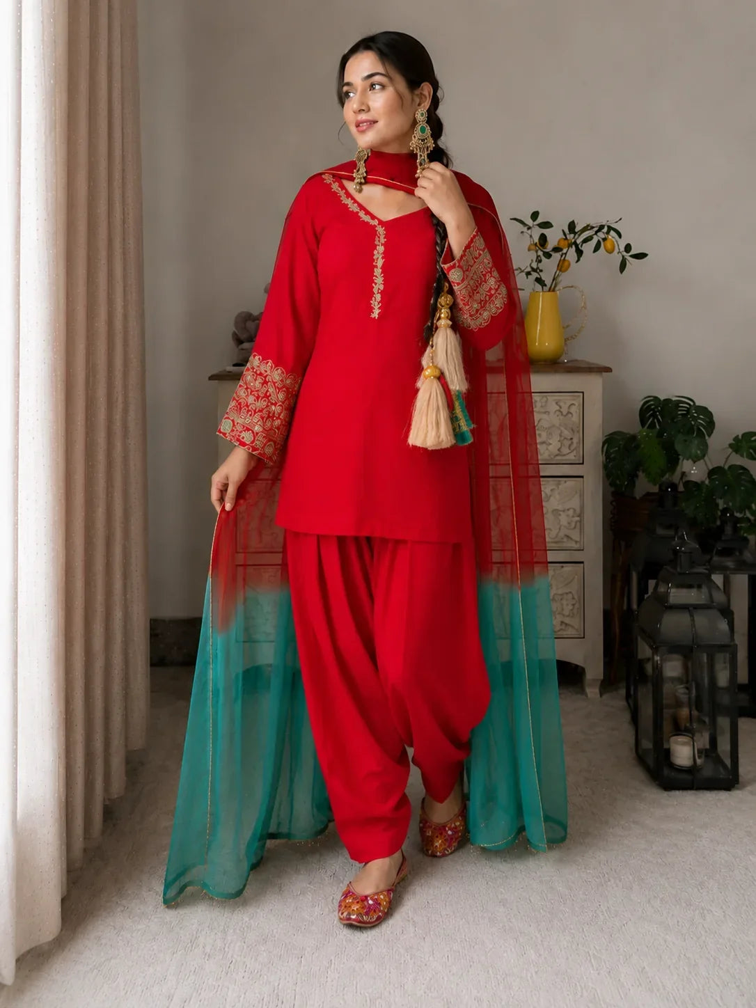 Red Jacquard Work Embroidered Farshi Kurta Set