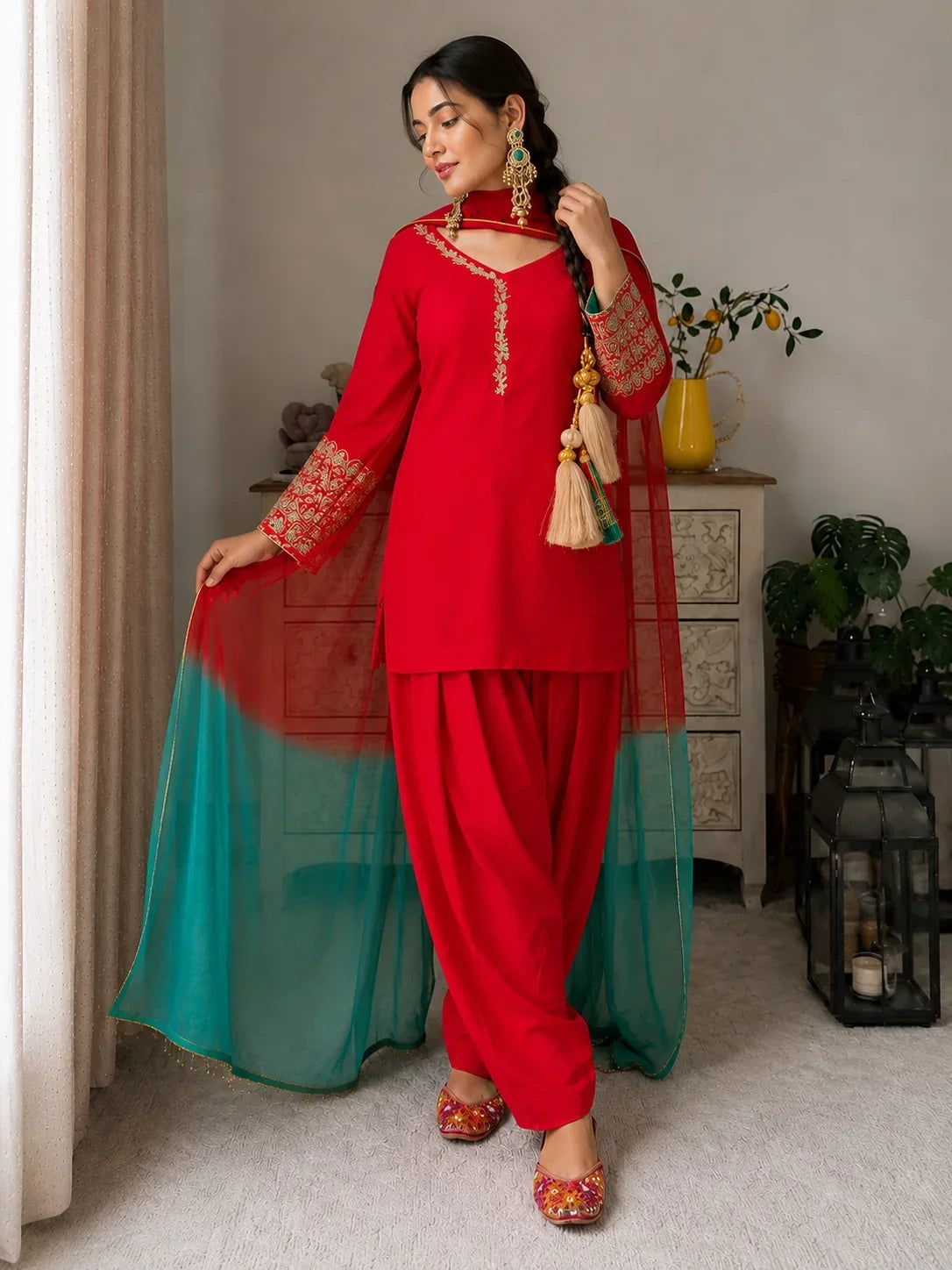 Red Jacquard Work Embroidered Farshi Kurta Set