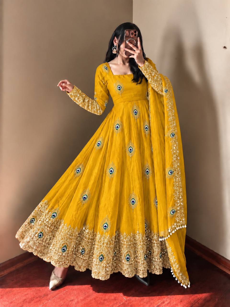 Yellow Silk Embroidered Anarkali Gown