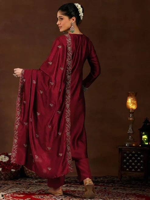 Wine Embroidered Vichitra Silk Suit Set